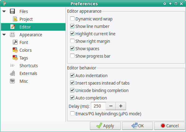 CoqIDE preferences dialog, Editor section