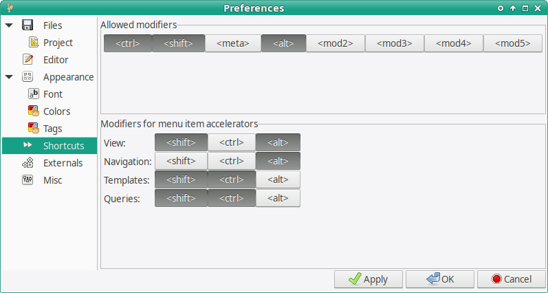 CoqIDE preferences dialog, Shortcuts section